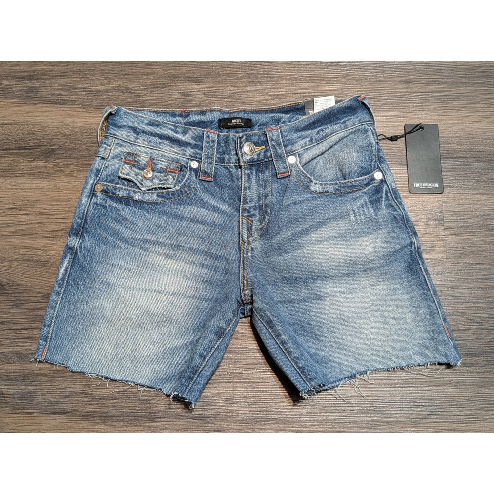 True Religion Ricky Relaxed Straight Denim Shorts 28 Medium Wash Rope Stitch NWT